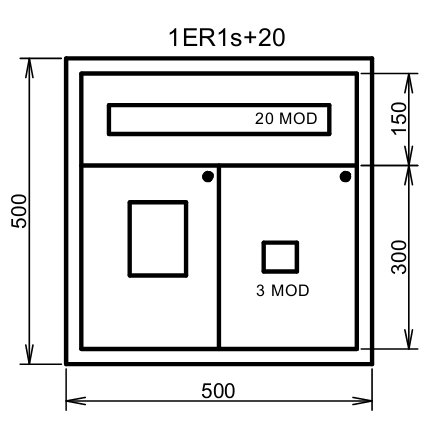 Elektroměrová rozvodnice 1ER1s+20 s podružným jištěním max. 1x20 modulů (plombované části vedle sebe na šířku skříně)