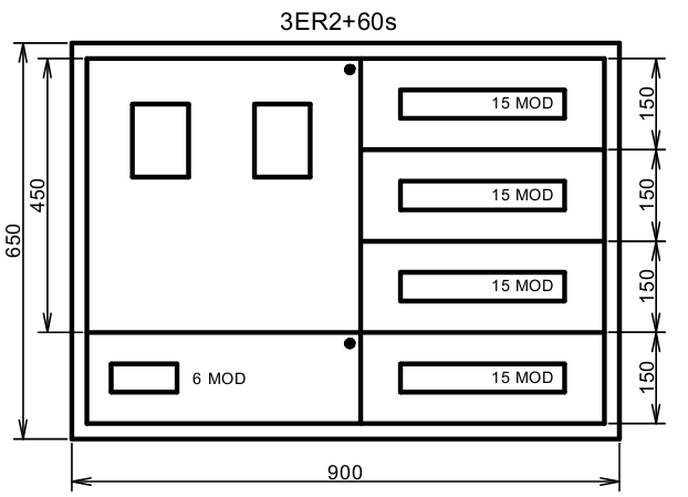 Elektroměrová rozvodnice 3ER2+60s s podružným jištěním max. 4x15 modulů (podružné jištění vedle plombované části)