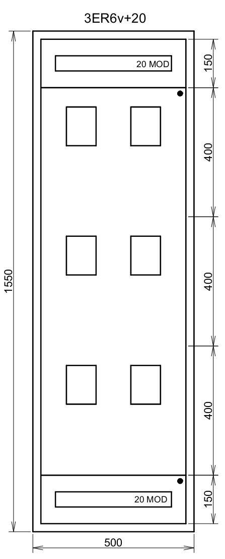 Elektroměrová rozvodnice 3ER6v+20 s podružným jištěním max. 1x20 modulů (elektroměry na výšku skříně)